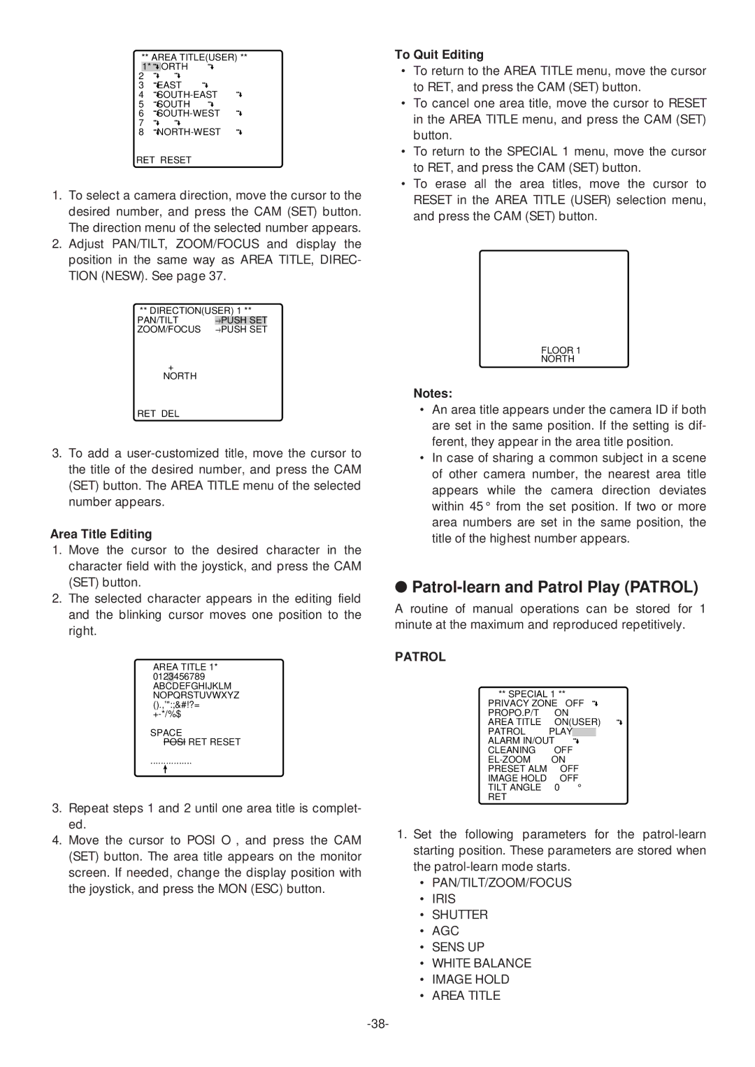 Panasonic WV-CS574 operating instructions Patrol-learn and Patrol Play Patrol, To Quit Editing, Area Title Editing 