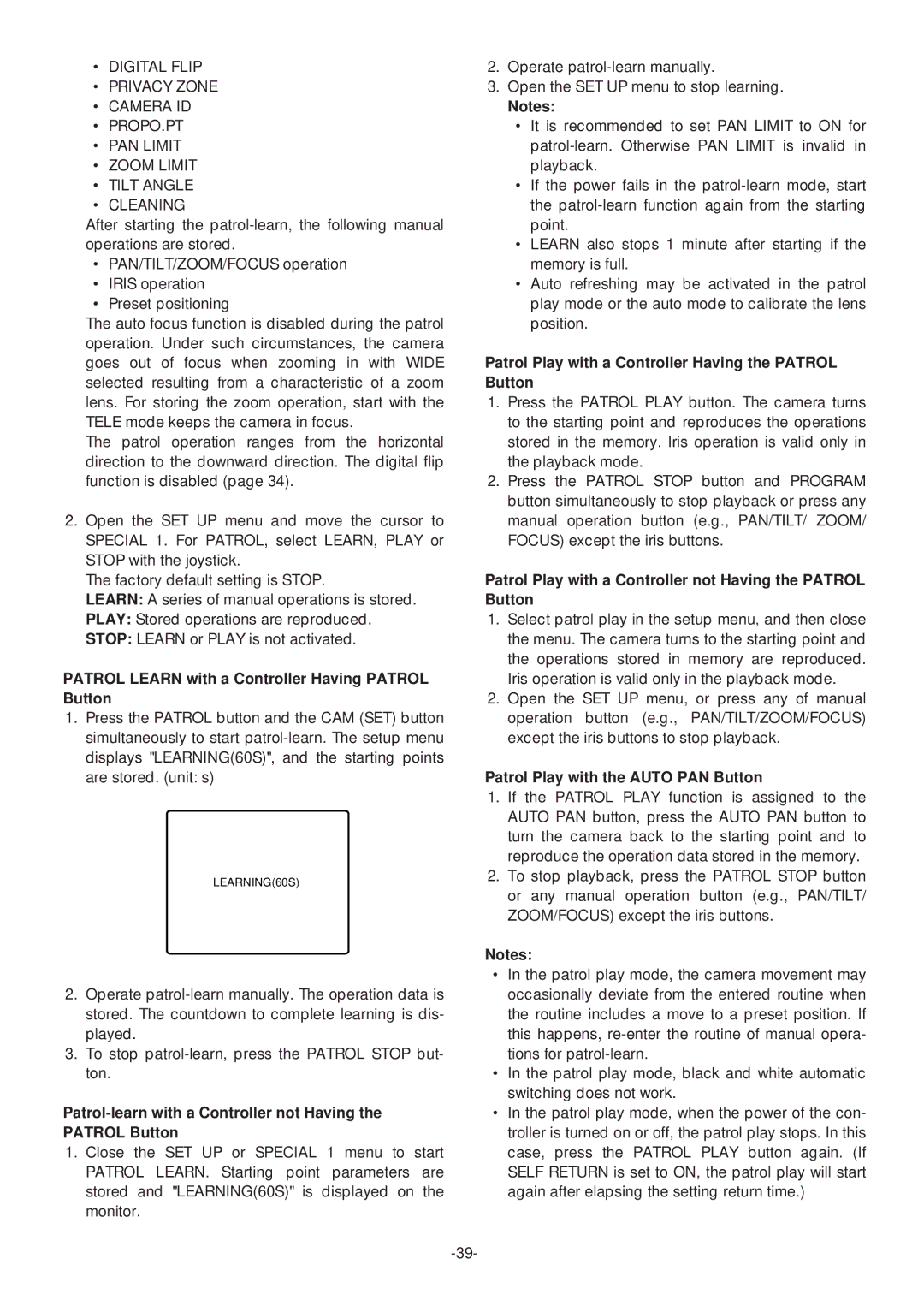 Panasonic WV-CS574 Patrol Learn with a Controller Having Patrol Button, Patrol Play with the Auto PAN Button 