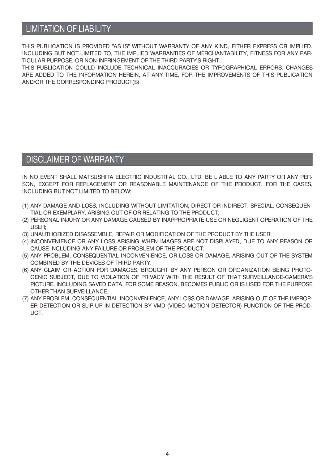 Panasonic WV-CS574 operating instructions Limitation of Liability, Disclaimer of Warranty 