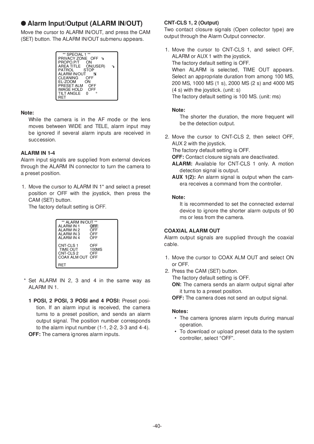 Panasonic WV-CS574 operating instructions Alarm Input/Output Alarm IN/OUT, CNT-CLS 1, 2 Output 