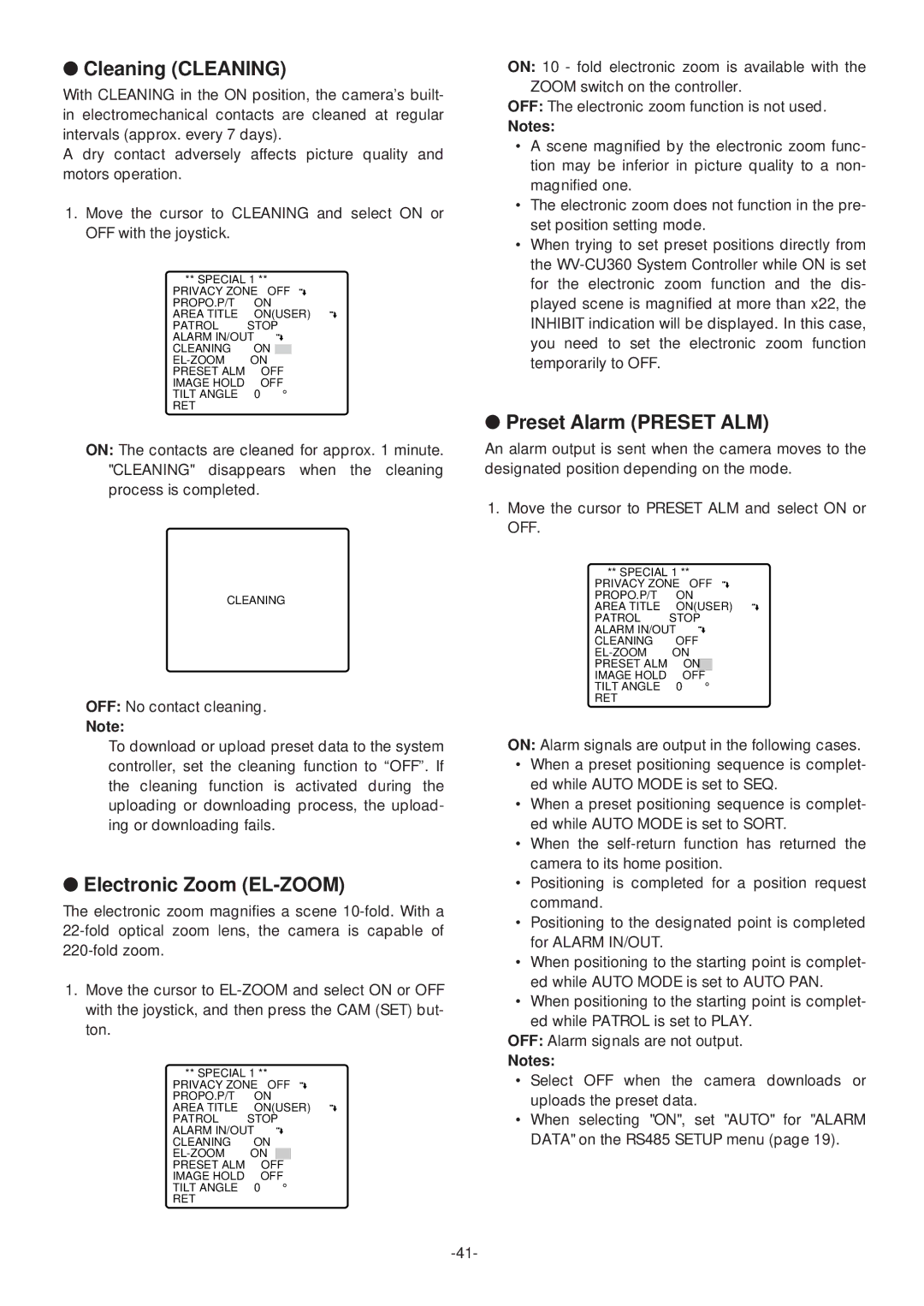 Panasonic WV-CS574 operating instructions Cleaning Cleaning, Electronic Zoom EL-ZOOM, Preset Alarm Preset ALM 