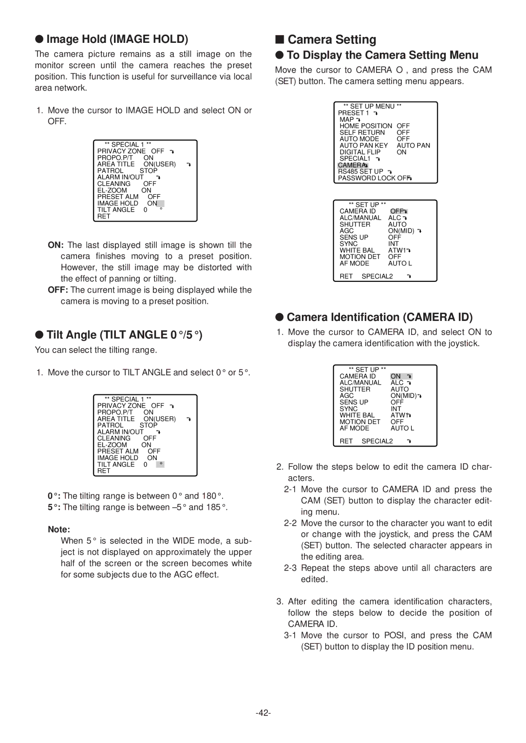 Panasonic WV-CS574 Image Hold Image Hold, Tilt Angle Tilt Angle 0 /5, To Display the Camera Setting Menu 