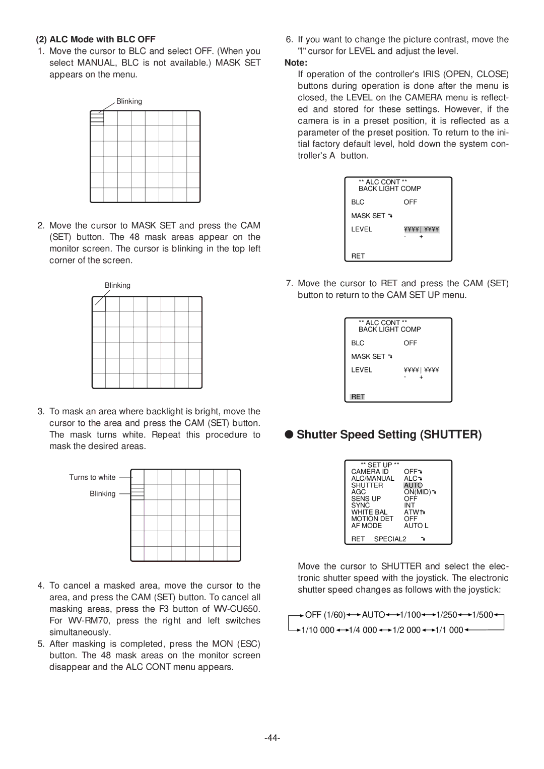 Panasonic WV-CS574 operating instructions Shutter Speed Setting Shutter, ALC Mode with BLC OFF 