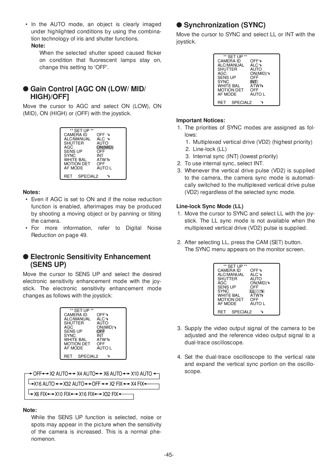 Panasonic WV-CS574 Gain Control AGC on LOW/ MID/ HIGH/OFF, Electronic Sensitivity Enhancement Sens UP 