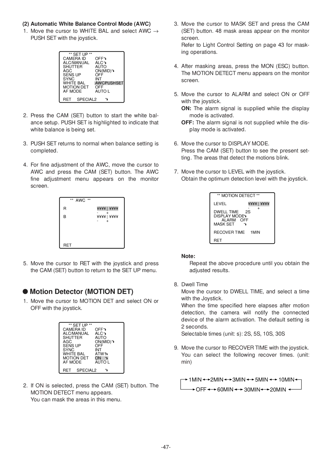 Panasonic WV-CS574 operating instructions Motion Detector Motion DET, Automatic White Balance Control Mode AWC 