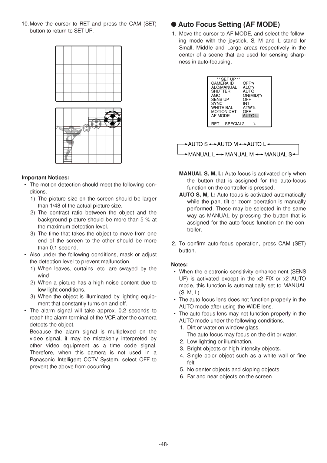 Panasonic WV-CS574 operating instructions Auto Focus Setting AF Mode, Auto S Auto M Auto L Manual L Manual M Manual S 