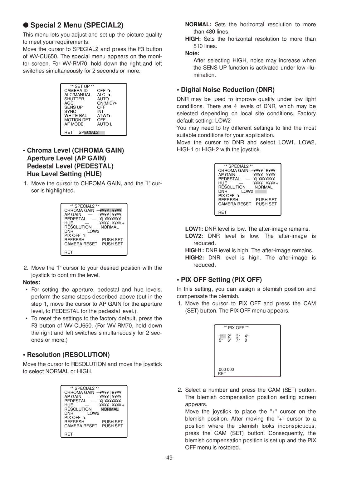 Panasonic WV-CS574 operating instructions Special 2 Menu SPECIAL2, Digital Noise Reduction DNR 