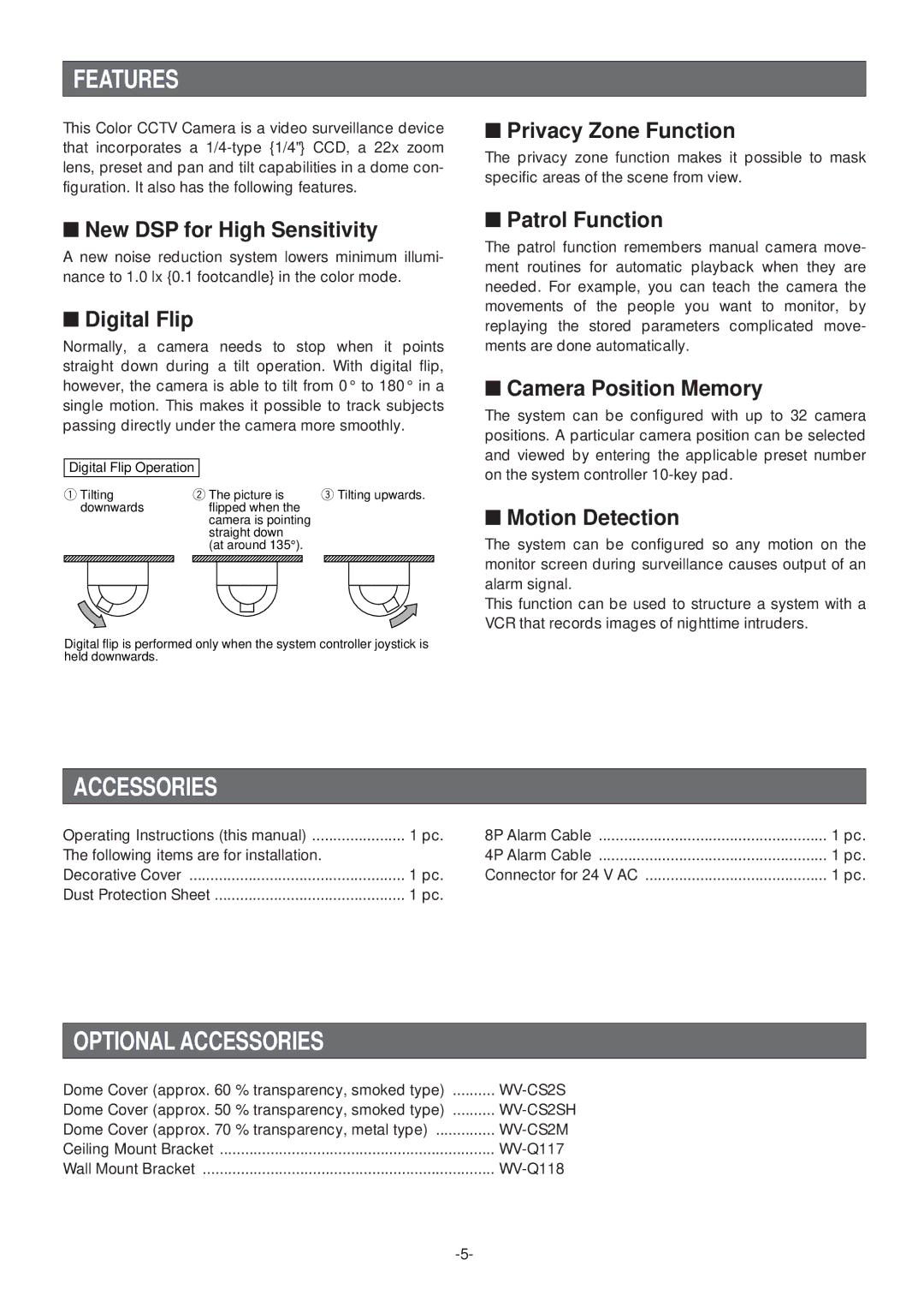 Panasonic WV-CS574 operating instructions Features, Optional Accessories 