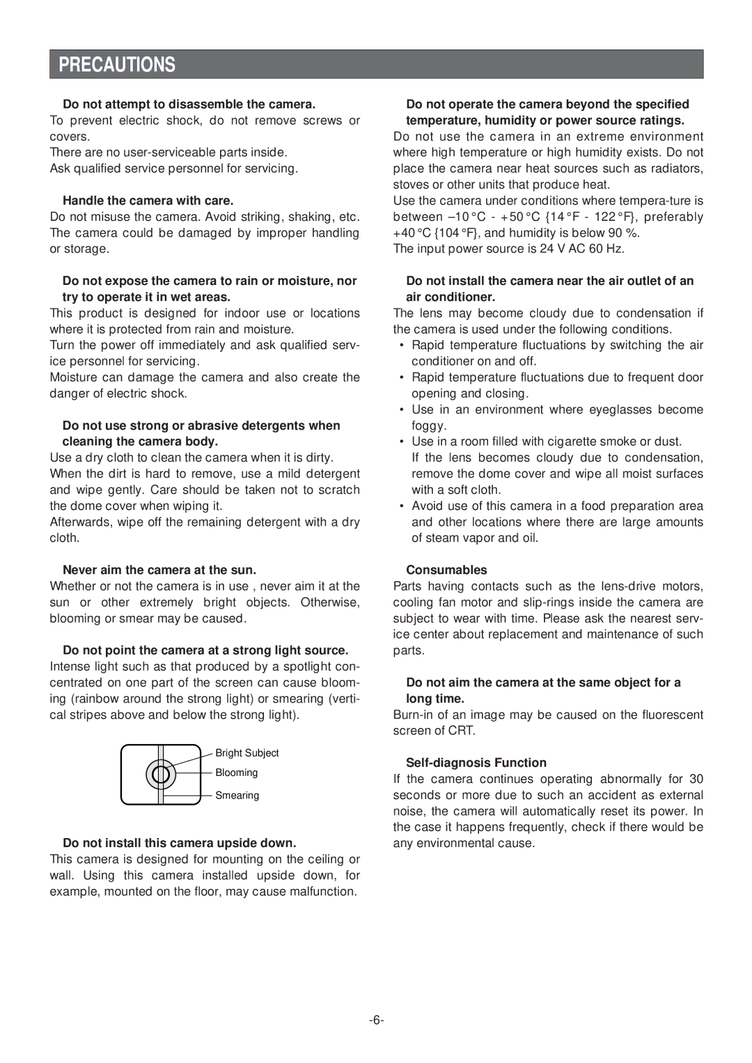 Panasonic WV-CS574 operating instructions Precautions 