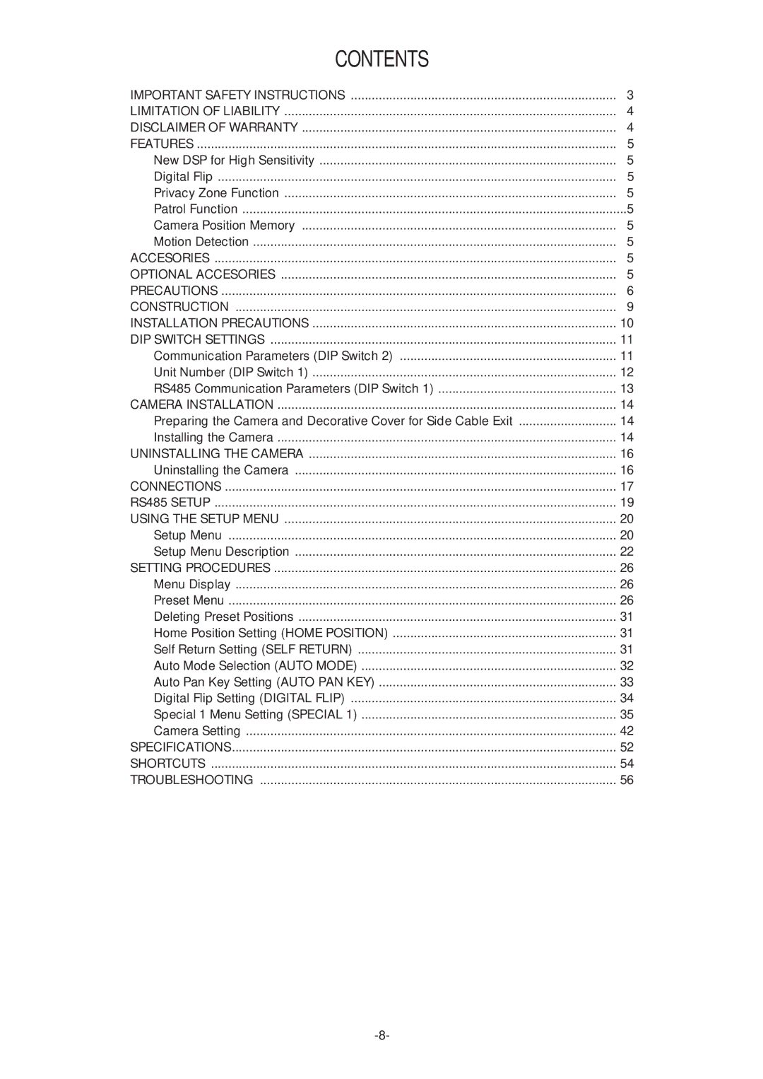 Panasonic WV-CS574 operating instructions Contents 