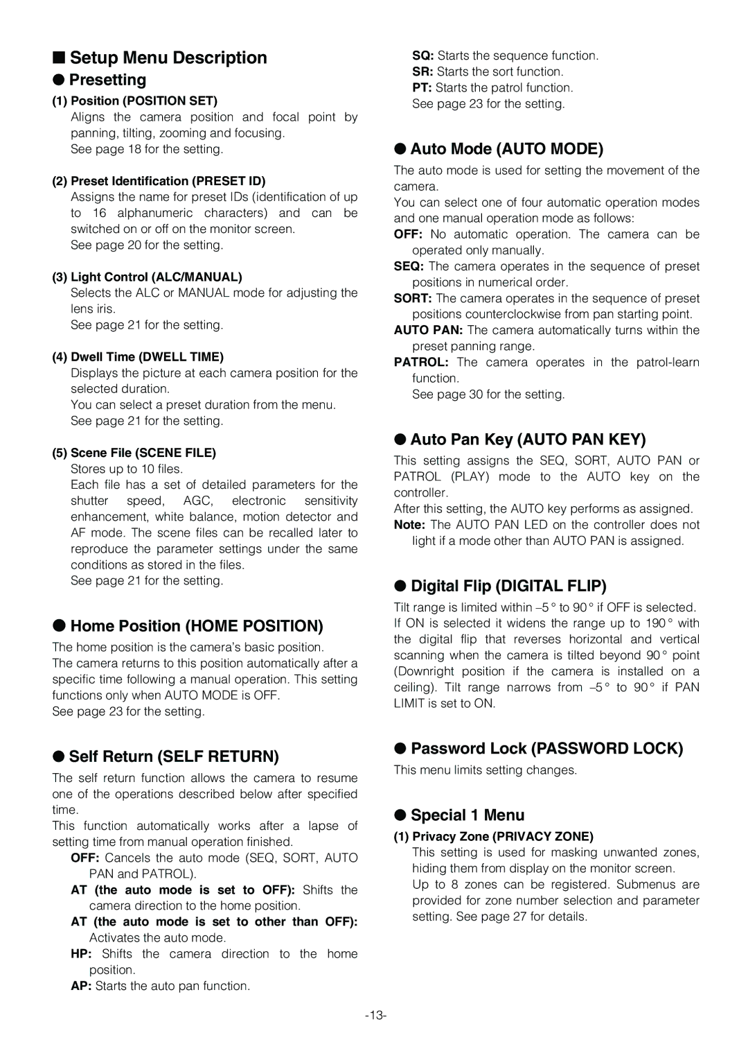 Panasonic WV-CS854B operating instructions Setup Menu Description 