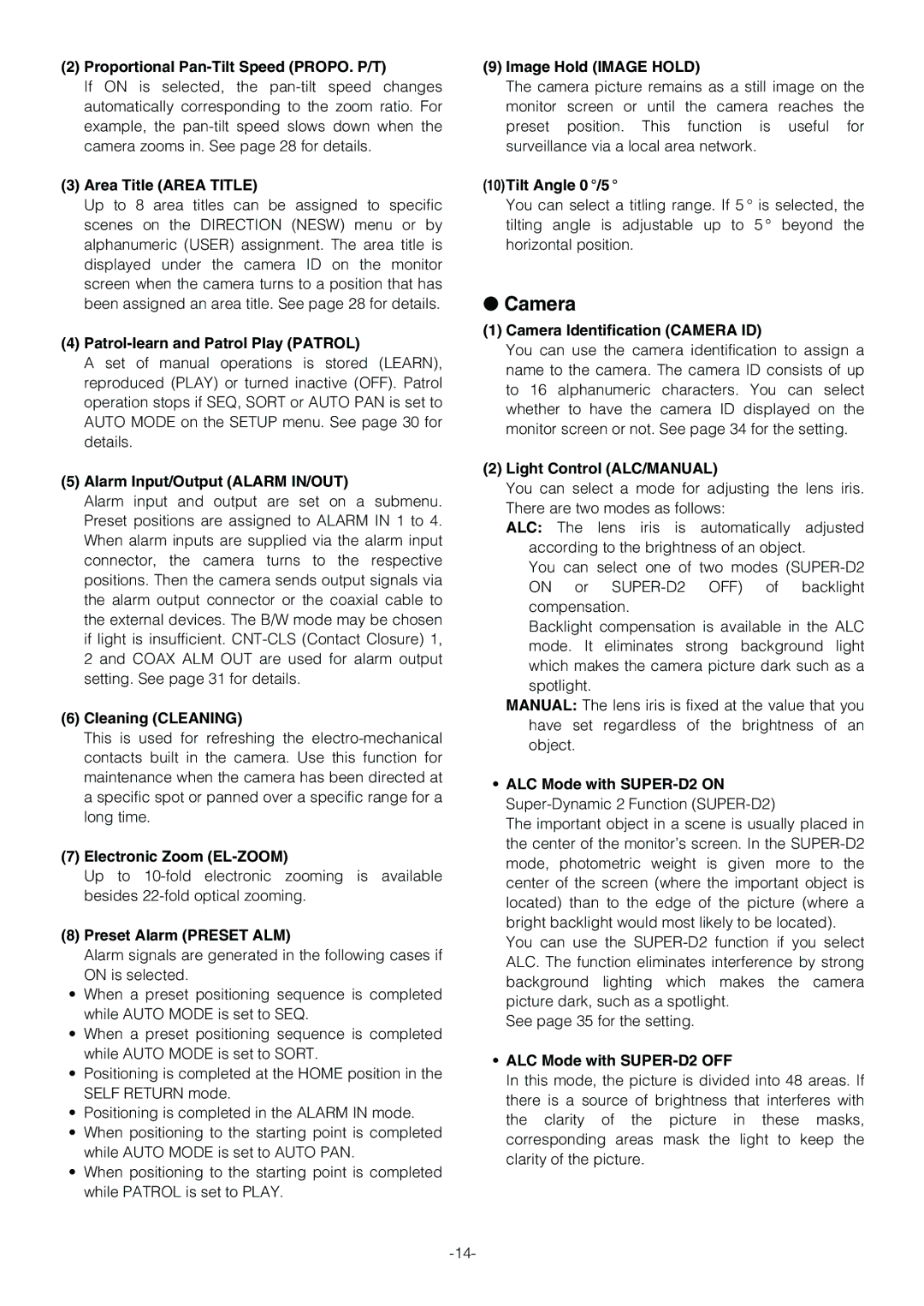 Panasonic WV-CS854B operating instructions Camera 