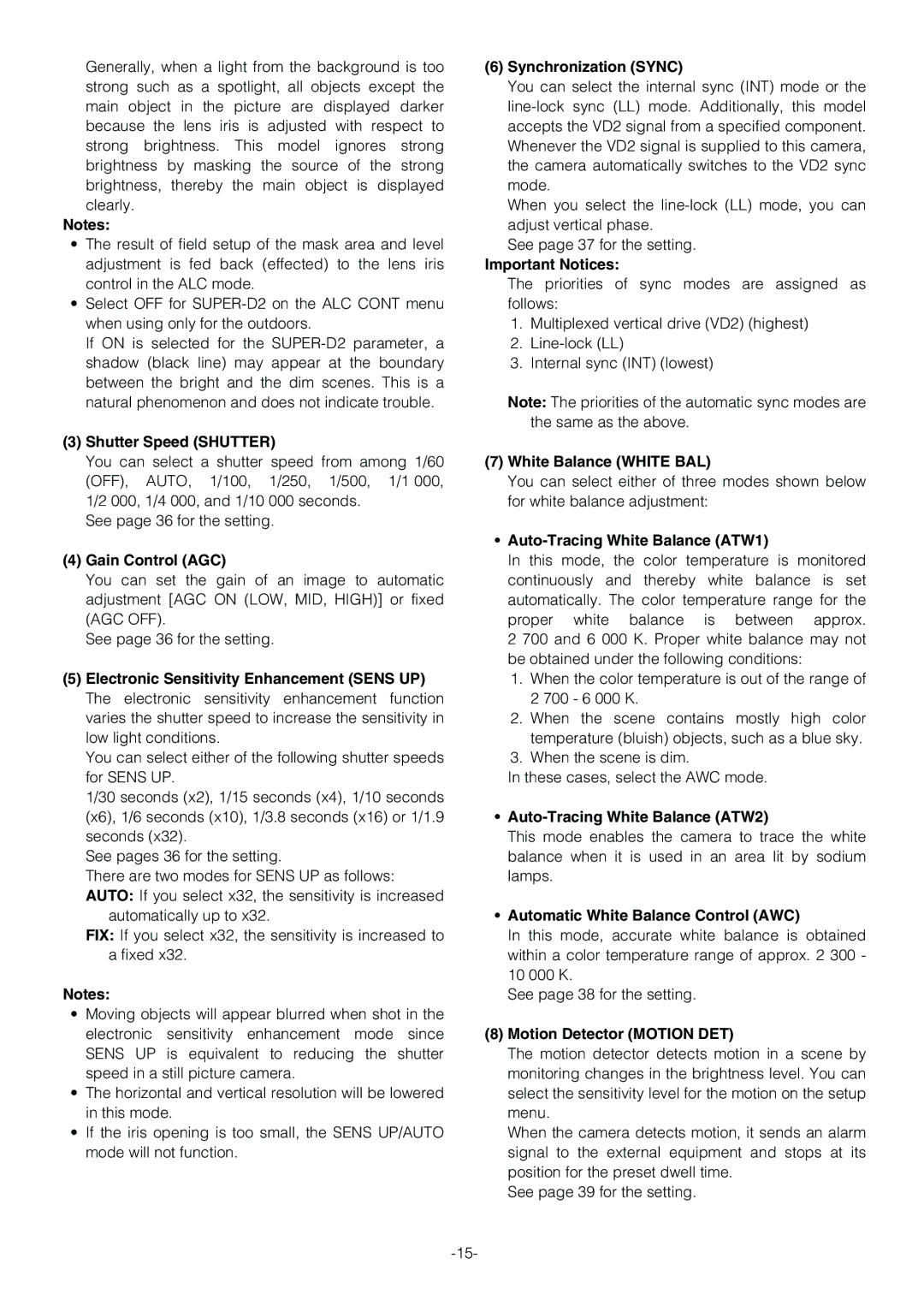 Panasonic WV-CS854B operating instructions Shutter Speed Shutter, Gain Control AGC, Synchronization Sync, Important Notices 