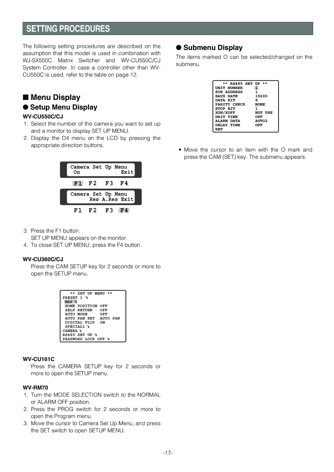 Panasonic WV-CS854B operating instructions Setting Procedures, Setup Menu Display, Submenu Display 