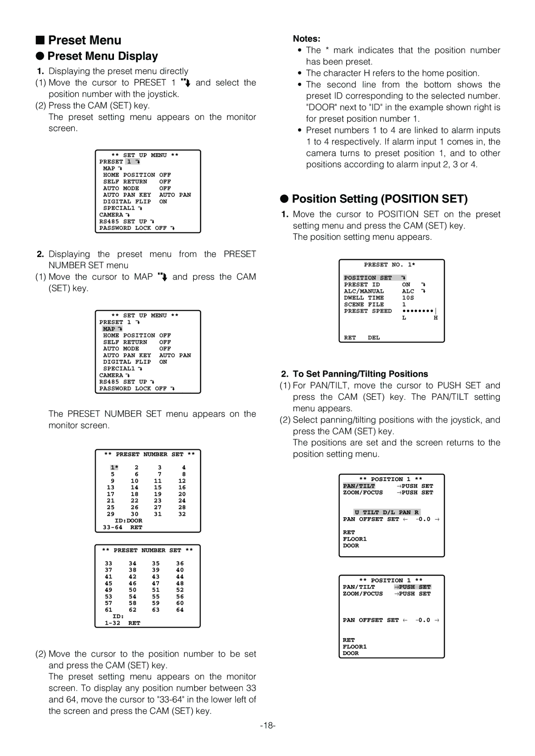 Panasonic WV-CS854B Preset Menu Display, Position Setting Position SET, To Set Panning/Tilting Positions 