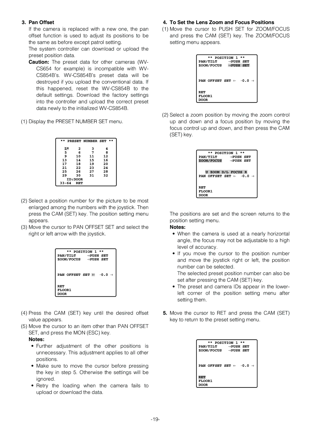 Panasonic WV-CS854B operating instructions Pan Offset, To Set the Lens Zoom and Focus Positions 