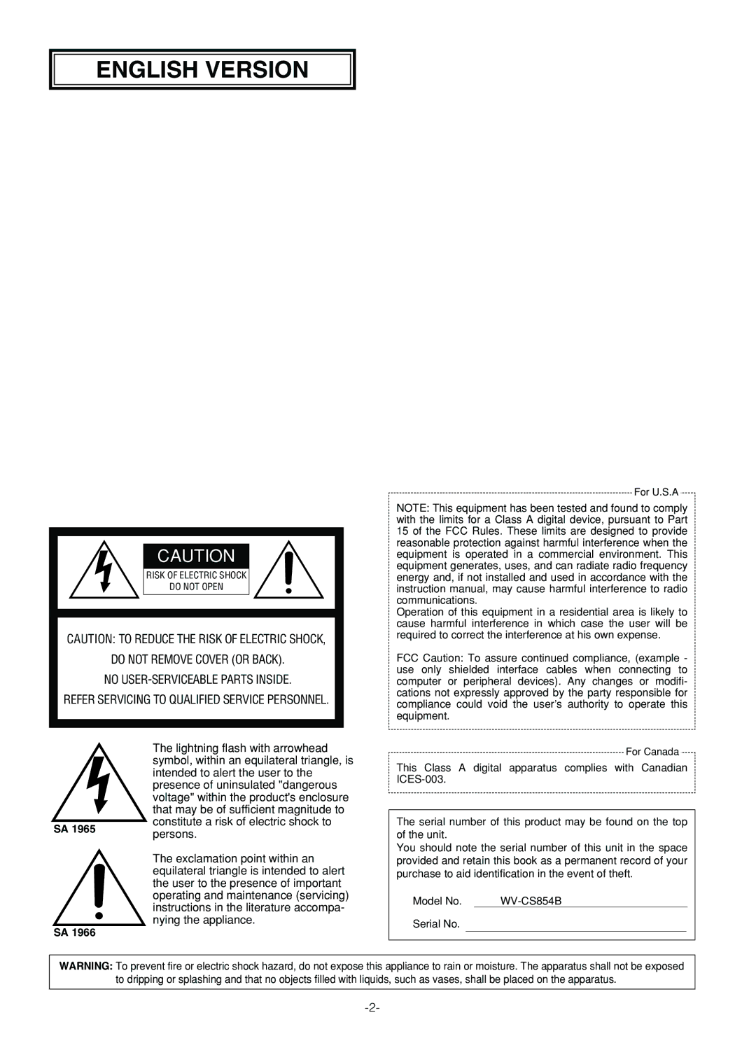 Panasonic WV-CS854B operating instructions English Version 