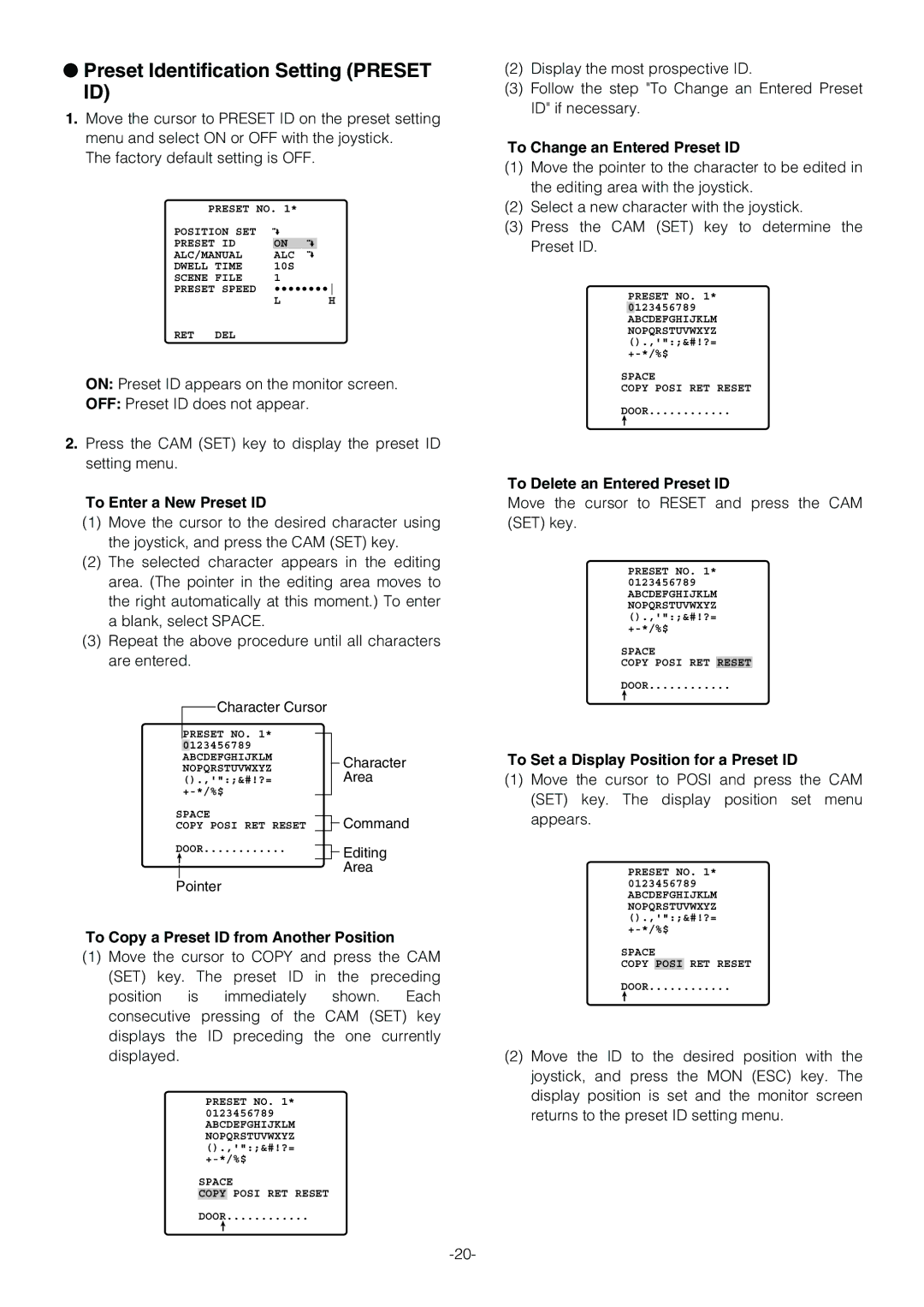 Panasonic WV-CS854B operating instructions Preset Identification Setting Preset ID 