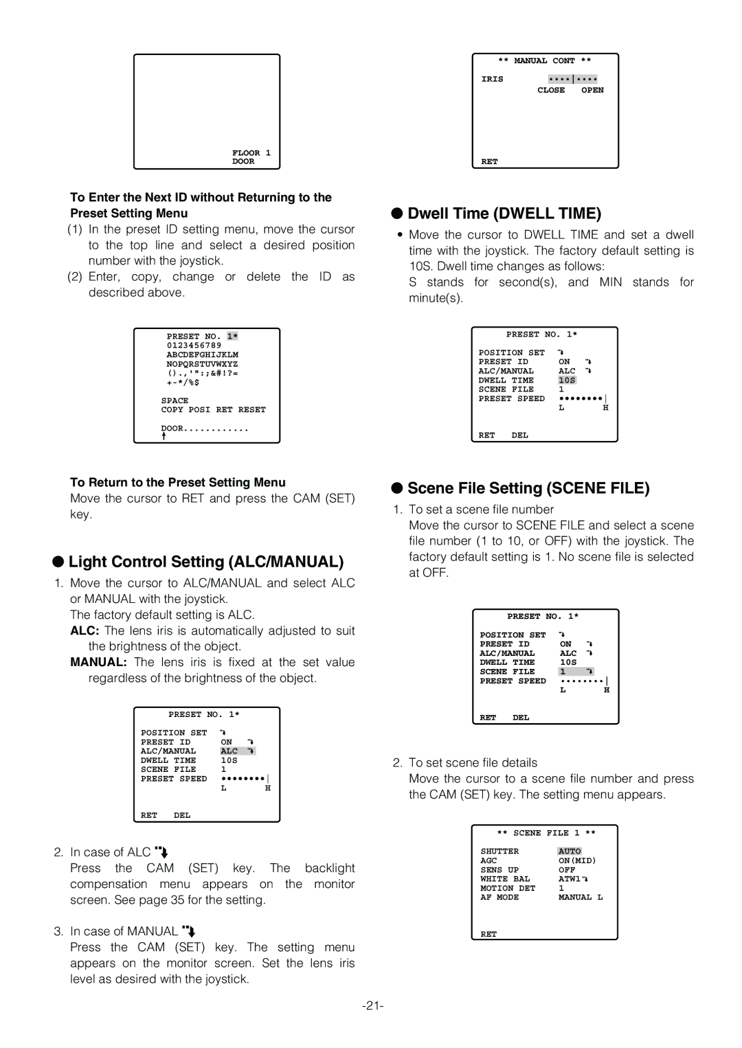 Panasonic WV-CS854B Dwell Time Dwell Time, Light Control Setting ALC/MANUAL, Scene File Setting Scene File 