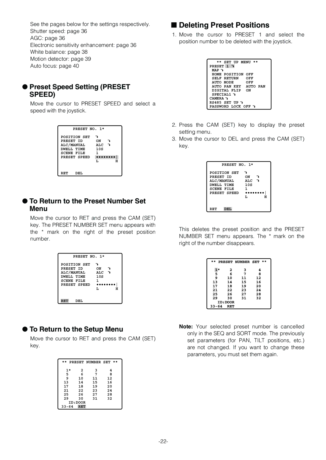 Panasonic WV-CS854B Deleting Preset Positions, Preset Speed Setting Preset Speed, To Return to the Preset Number Set Menu 