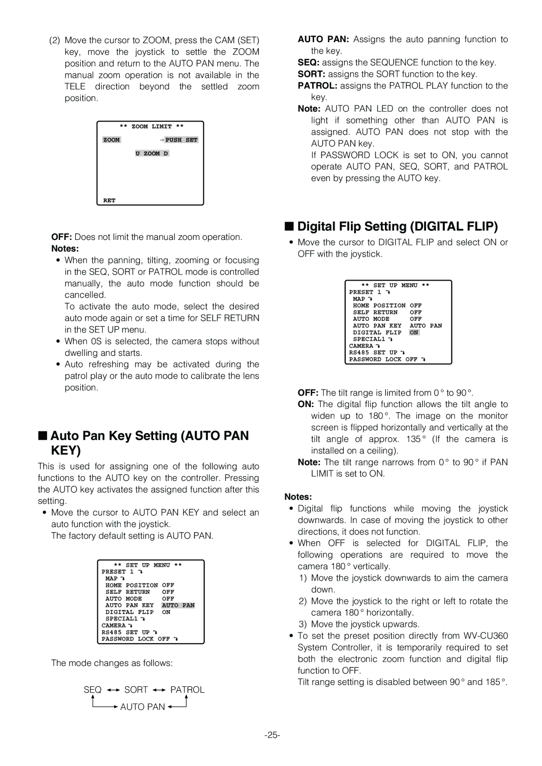 Panasonic WV-CS854B Auto Pan Key Setting Auto PAN KEY, Digital Flip Setting Digital Flip, SEQ Sort Patrol 