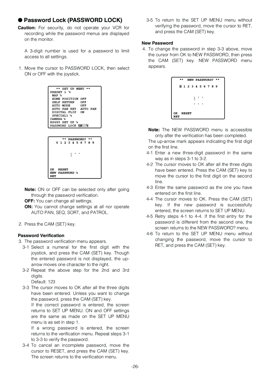 Panasonic WV-CS854B operating instructions New Password, Password Verification 