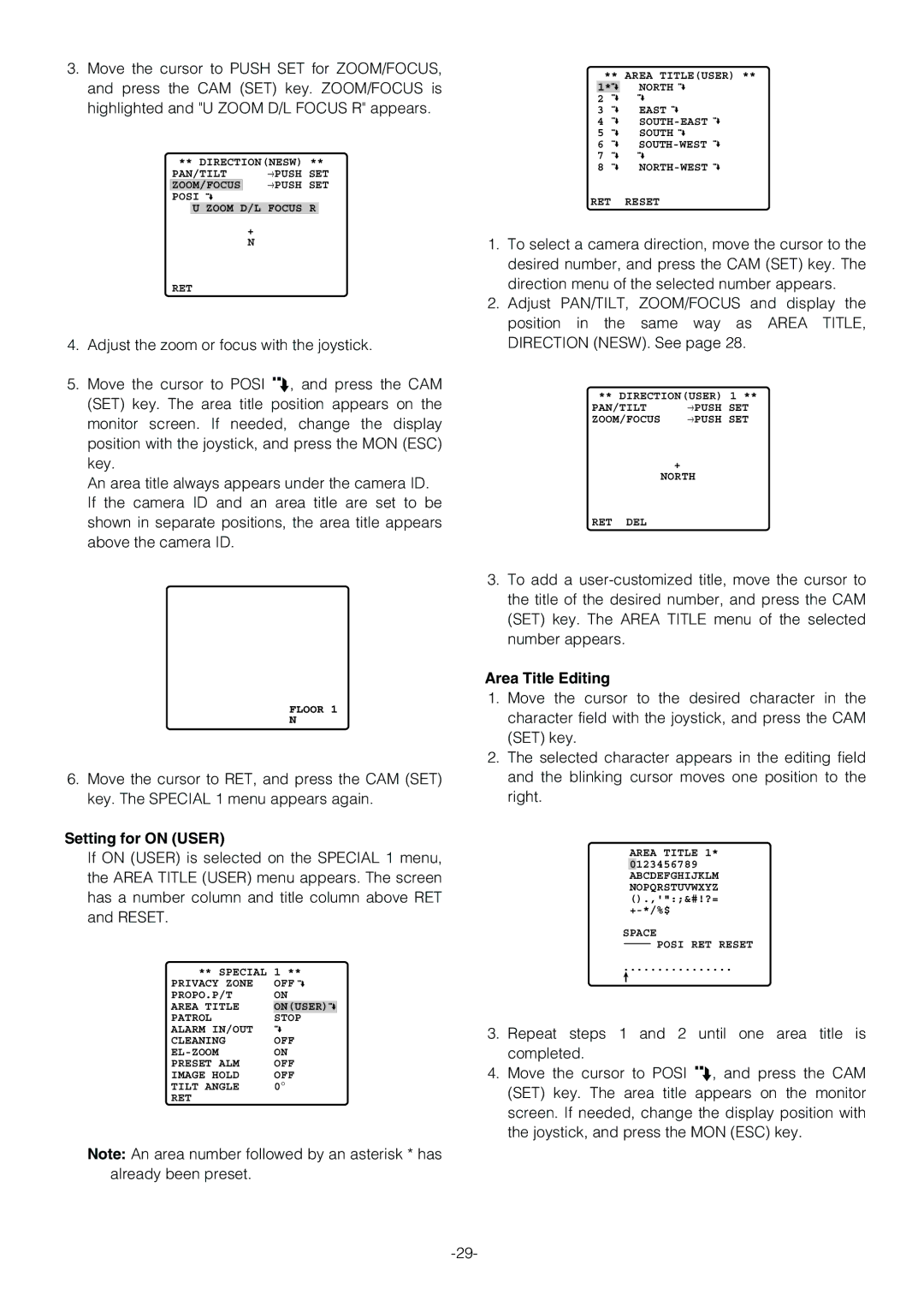 Panasonic WV-CS854B operating instructions Setting for on User, Area Title Editing 