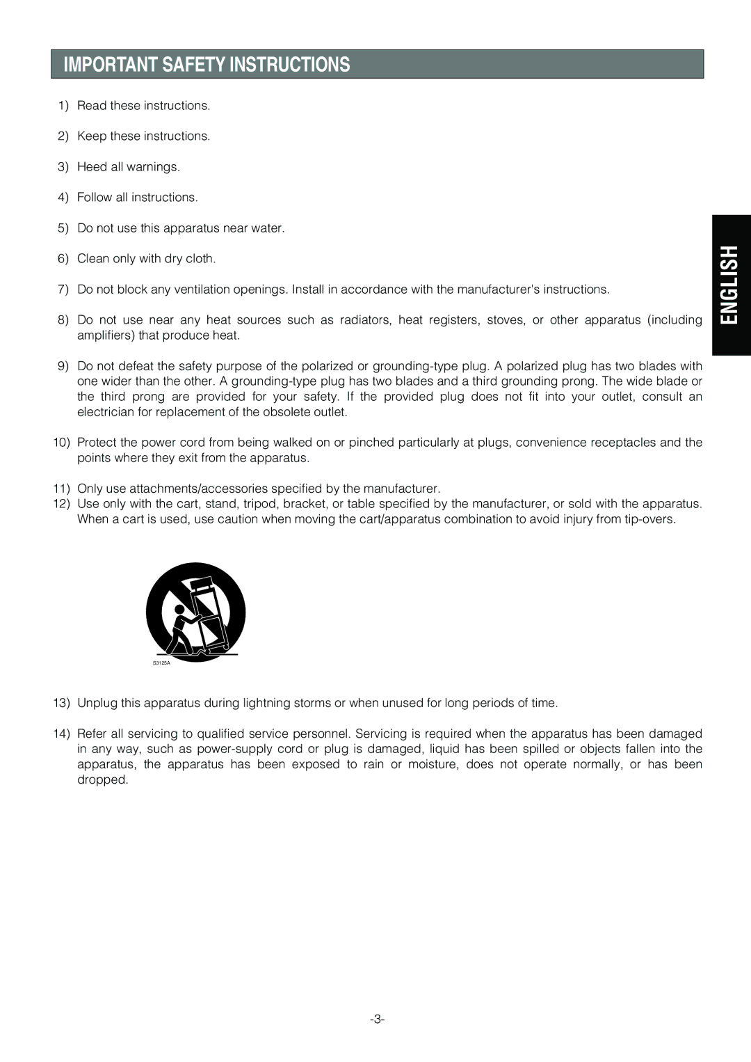 Panasonic WV-CS854B operating instructions English, Important Safety Instructions 