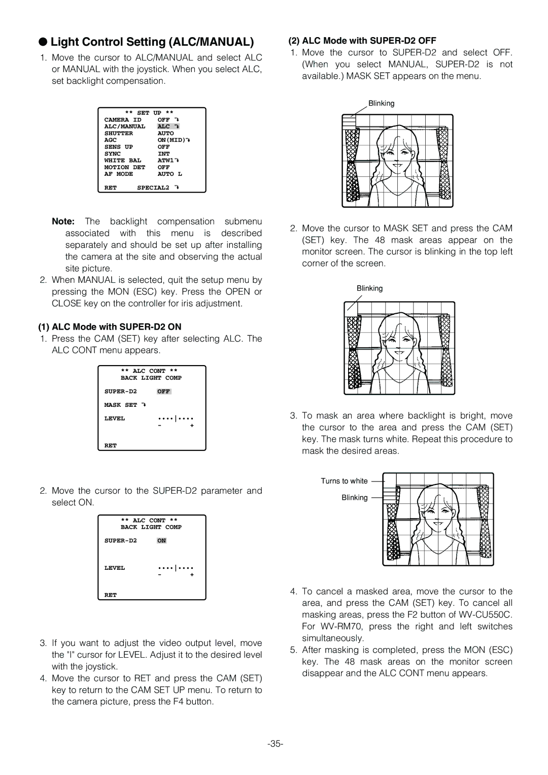 Panasonic WV-CS854B operating instructions Light Control Setting ALC/MANUAL, ALC Mode with SUPER-D2 on 