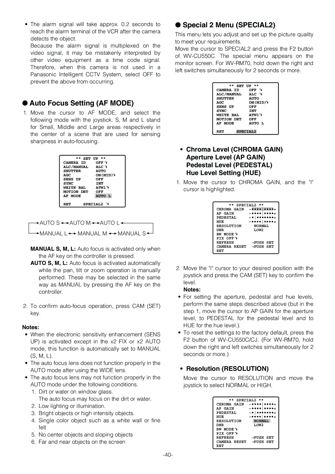 Panasonic WV-CS854B operating instructions Auto Focus Setting AF Mode, Special 2 Menu SPECIAL2, Resolution Resolution 