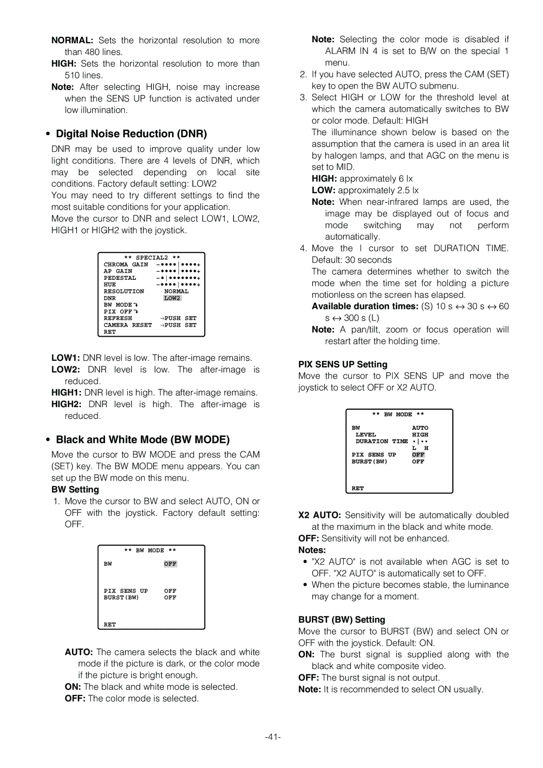 Panasonic WV-CS854B Digital Noise Reduction DNR, Black and White Mode BW Mode, BW Setting, PIX Sens UP Setting 