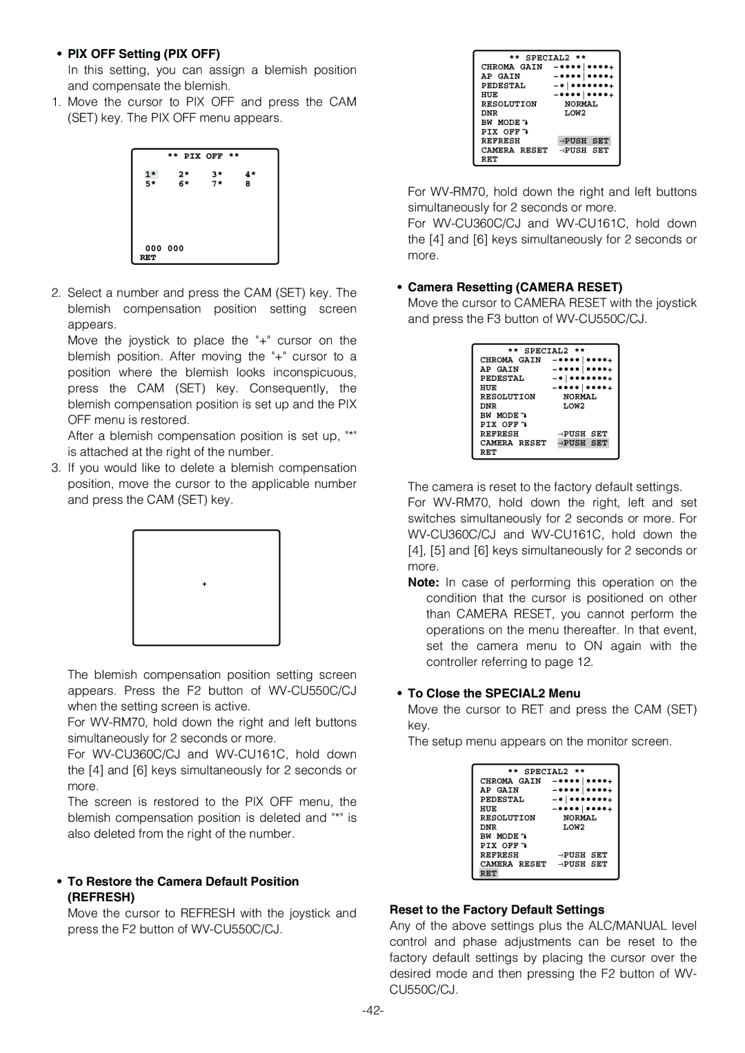 Panasonic WV-CS854B PIX OFF Setting PIX OFF, Camera Resetting Camera Reset, To Restore the Camera Default Position Refresh 