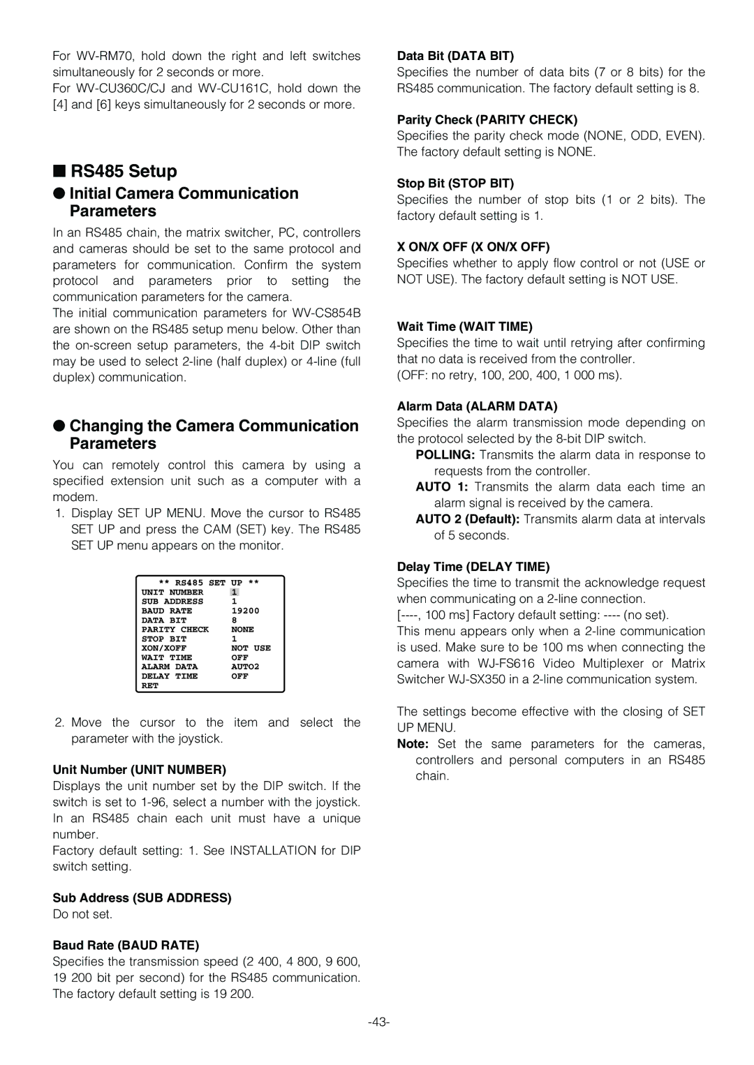 Panasonic WV-CS854B RS485 Setup, Initial Camera Communication Parameters, Changing the Camera Communication Parameters 