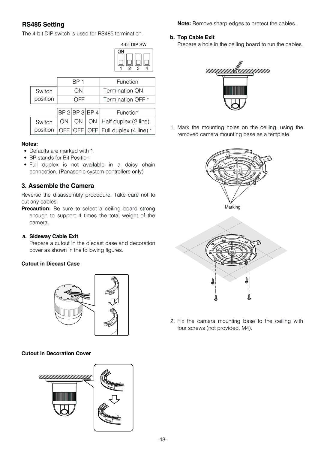 Panasonic WV-CS854B operating instructions RS485 Setting, Assemble the Camera, Sideway Cable Exit 