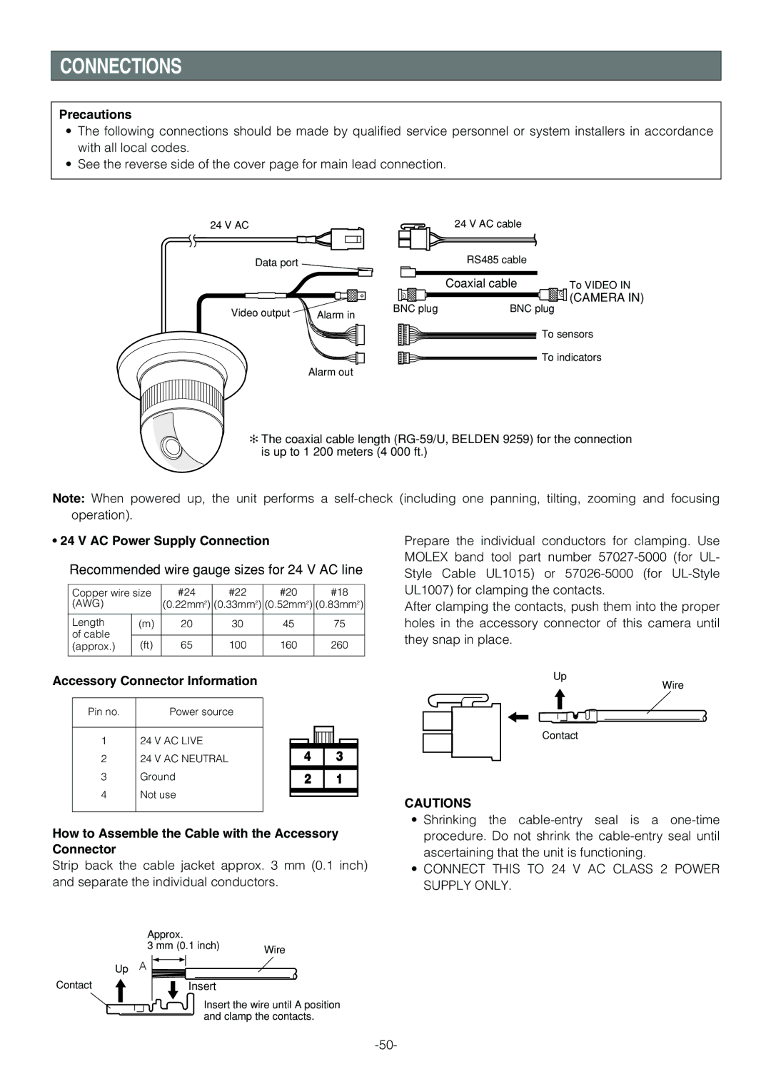 Panasonic WV-CS854B operating instructions Connections, Camera, Accessory Connector Information 