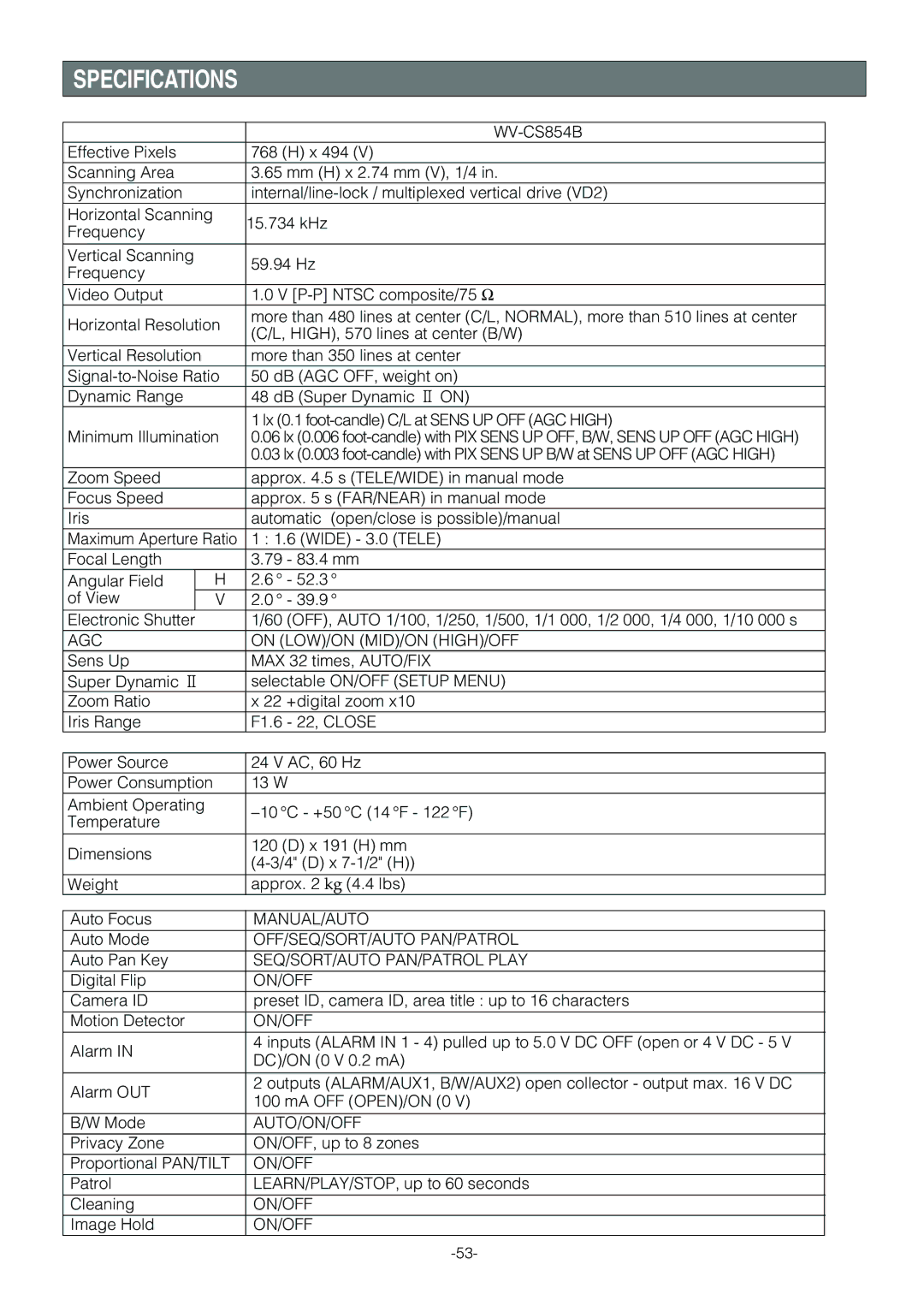 Panasonic WV-CS854B operating instructions Specifications 