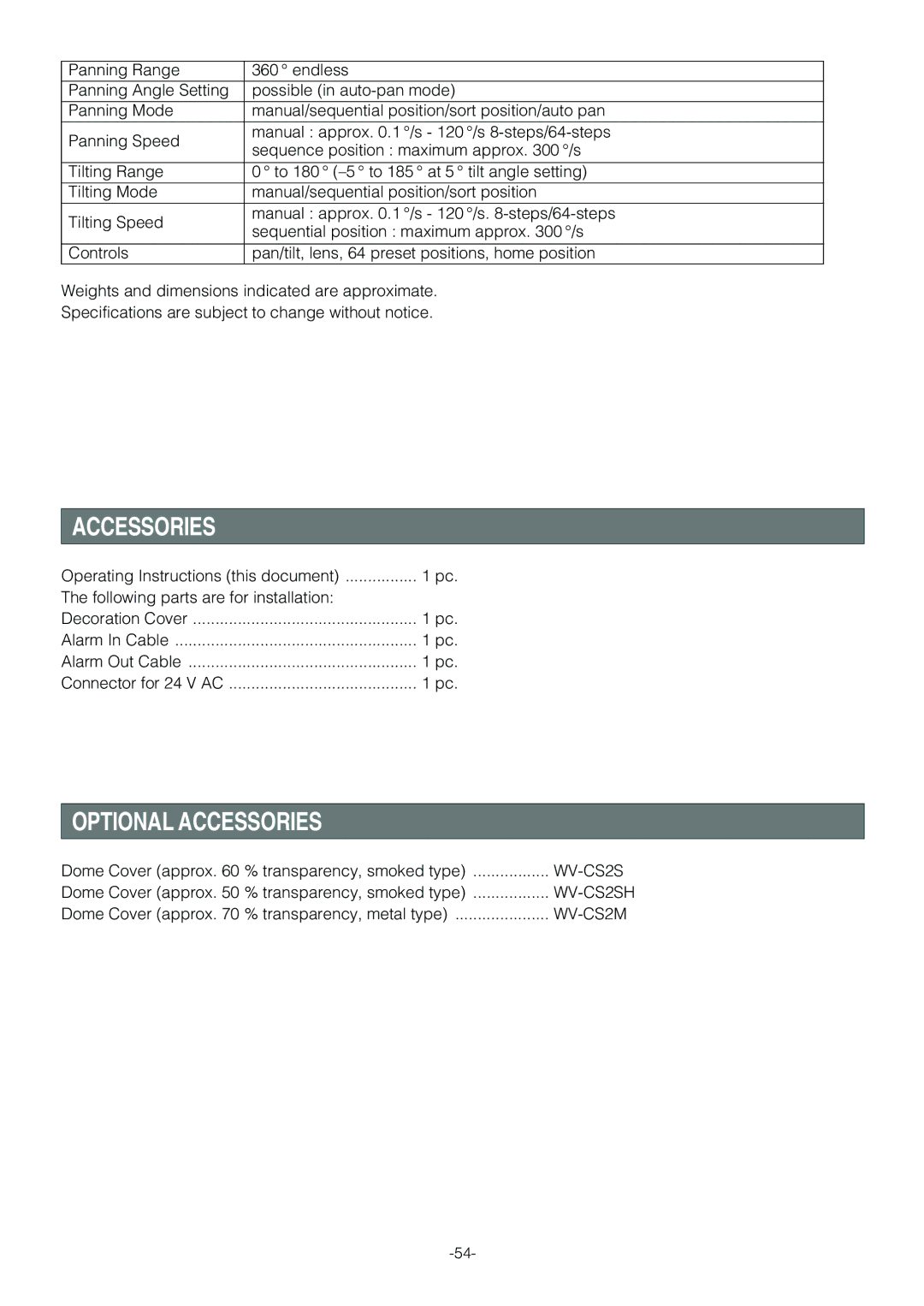 Panasonic WV-CS854B operating instructions Optional Accessories, WV-CS2SH 