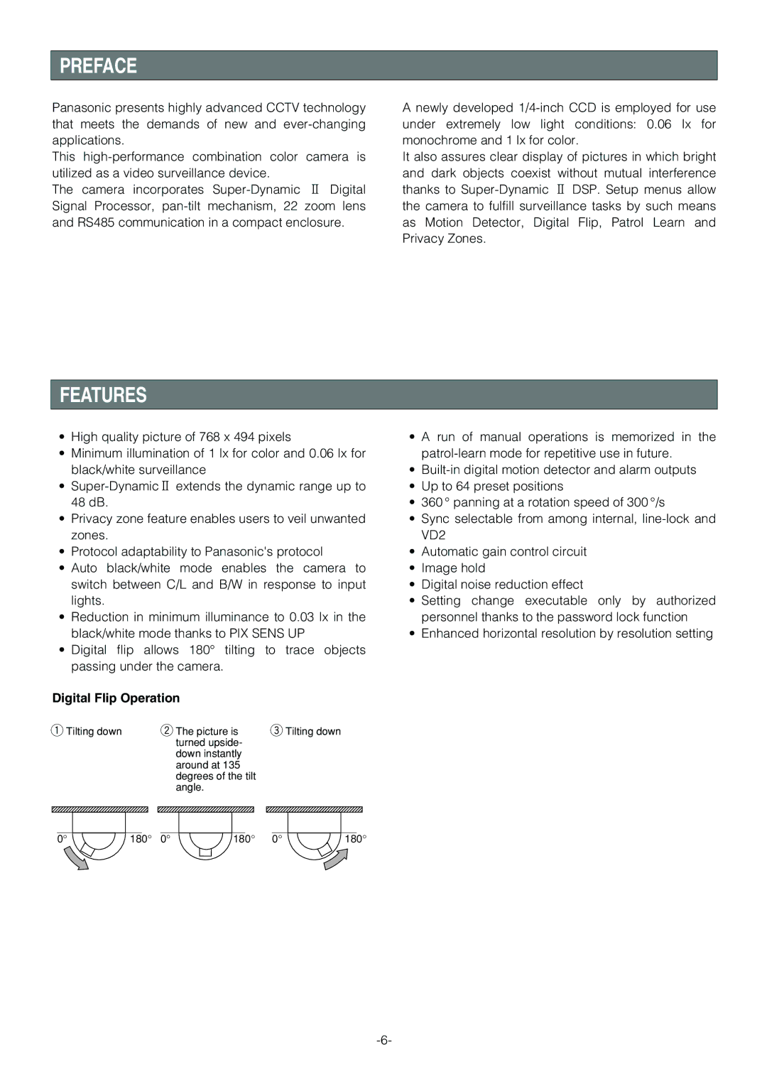 Panasonic WV-CS854B operating instructions Preface, Features, Digital Flip Operation 