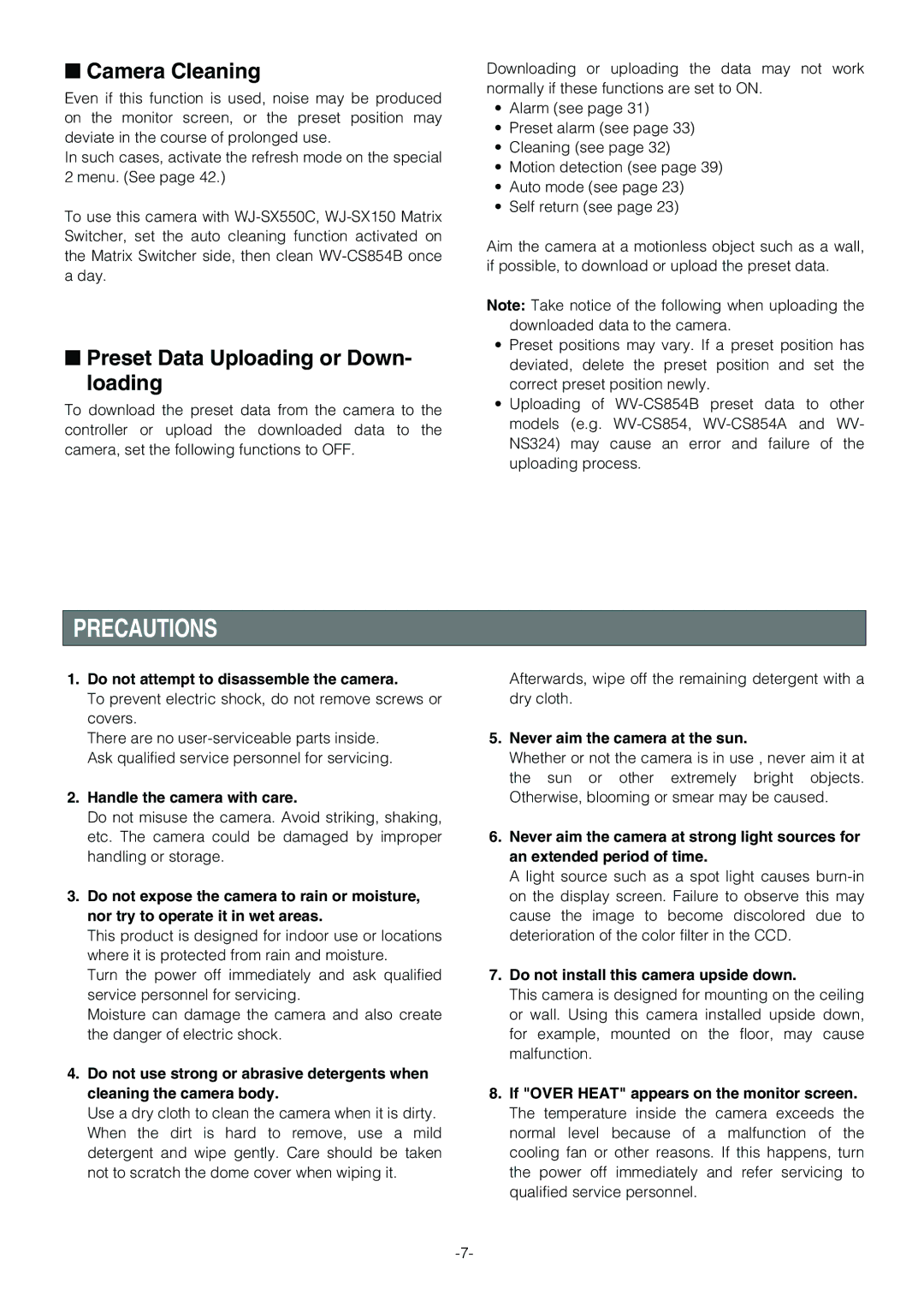 Panasonic WV-CS854B operating instructions Precautions, Camera Cleaning, Preset Data Uploading or Down Loading 