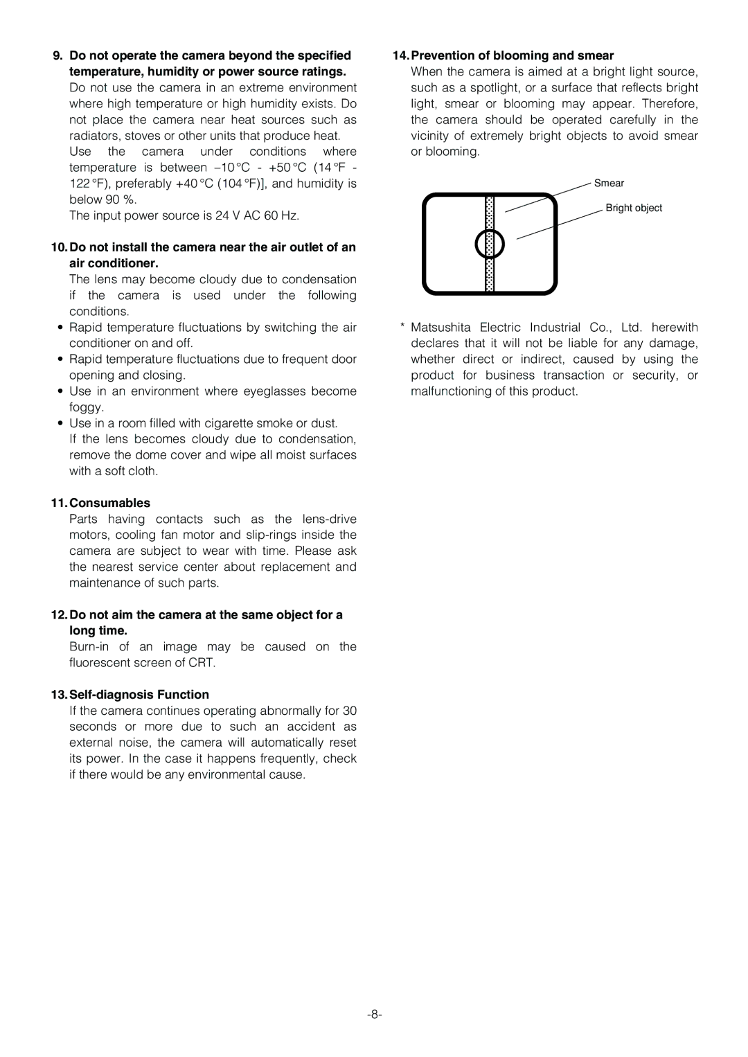 Panasonic WV-CS854B Consumables, Do not aim the camera at the same object for a long time, Self-diagnosis Function 