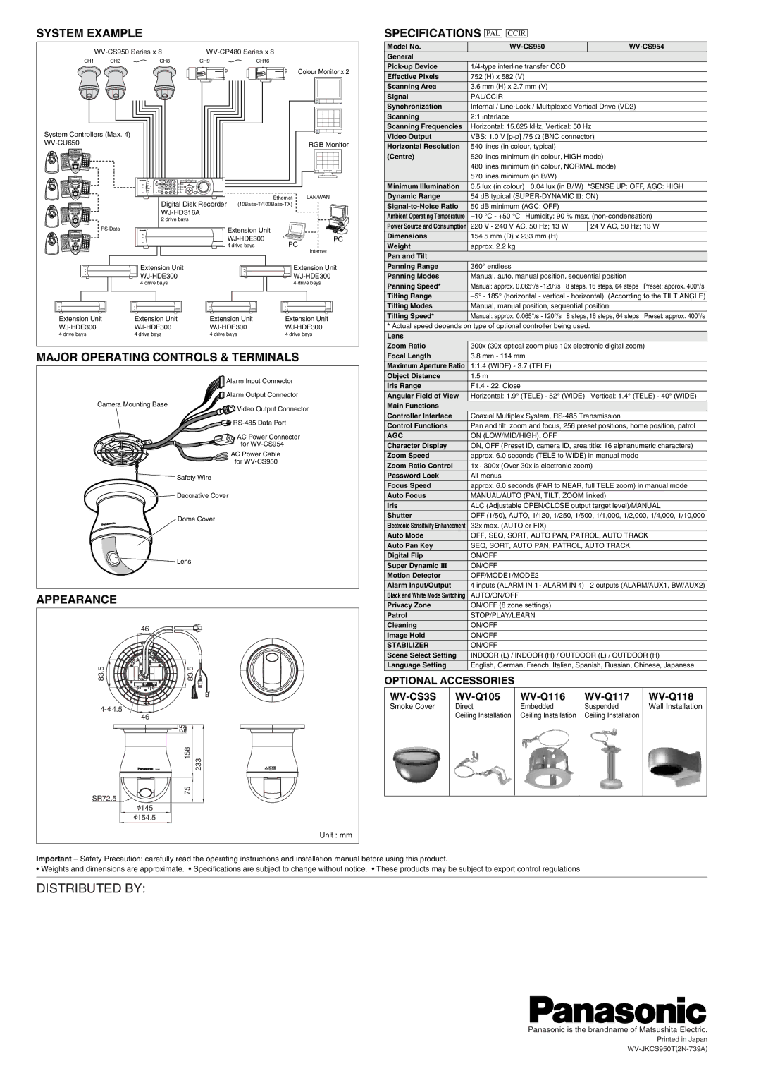 Panasonic WV-CS950 manual System Example, Major Operating Controls & Terminals, Appearance, Specifications PAL Ccir 