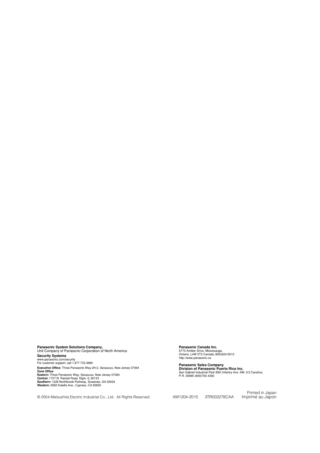 Panasonic WV-CS954 operating instructions Imprimé au Japon 