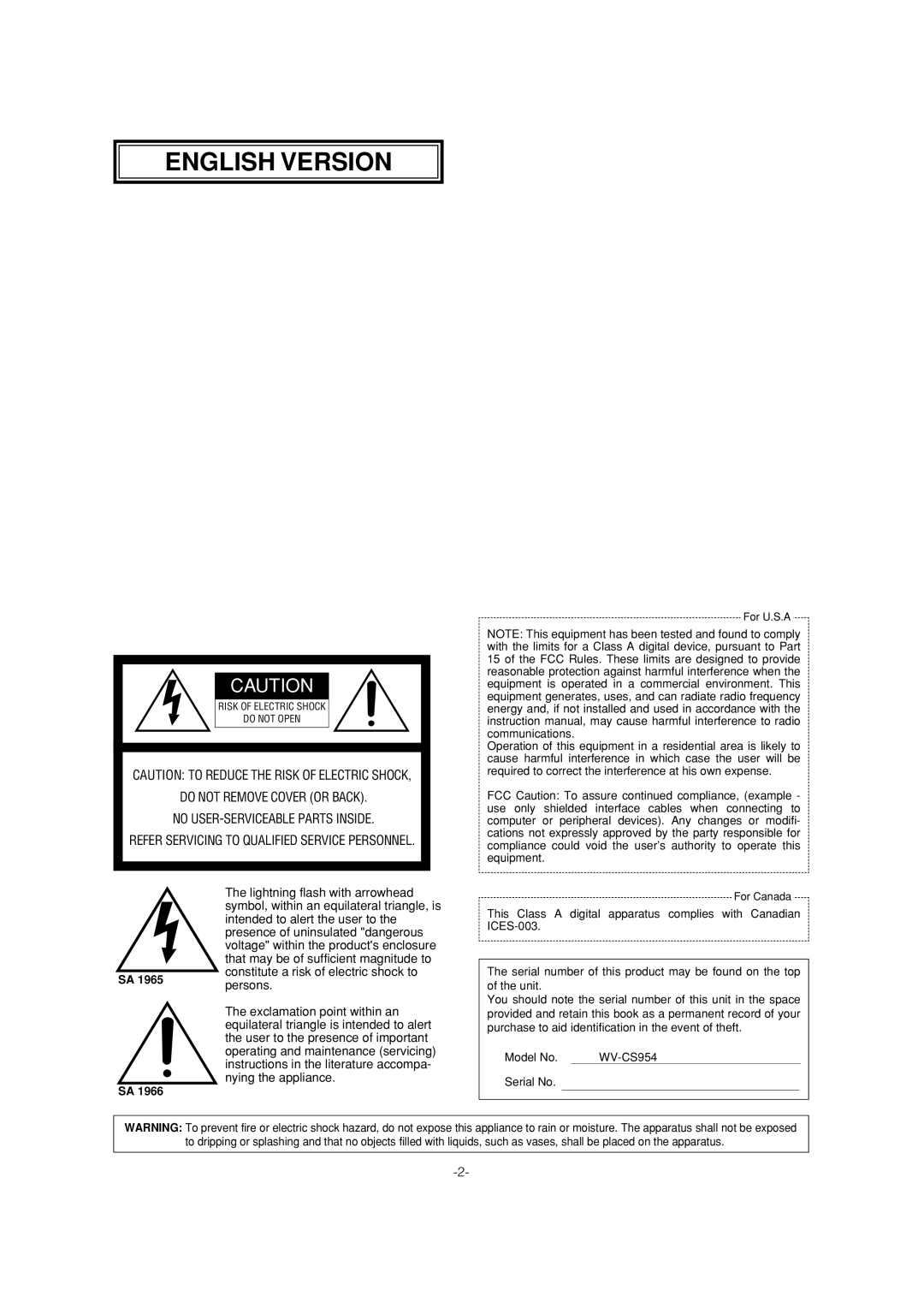 Panasonic WV-CS954 operating instructions English Version 