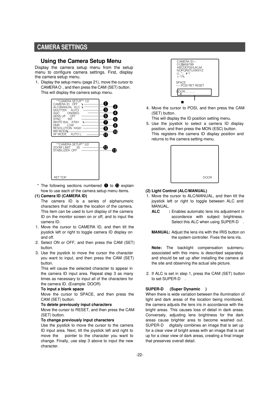 Panasonic WV-CS954 operating instructions Camera Settings, Using the Camera Setup Menu, Alc 