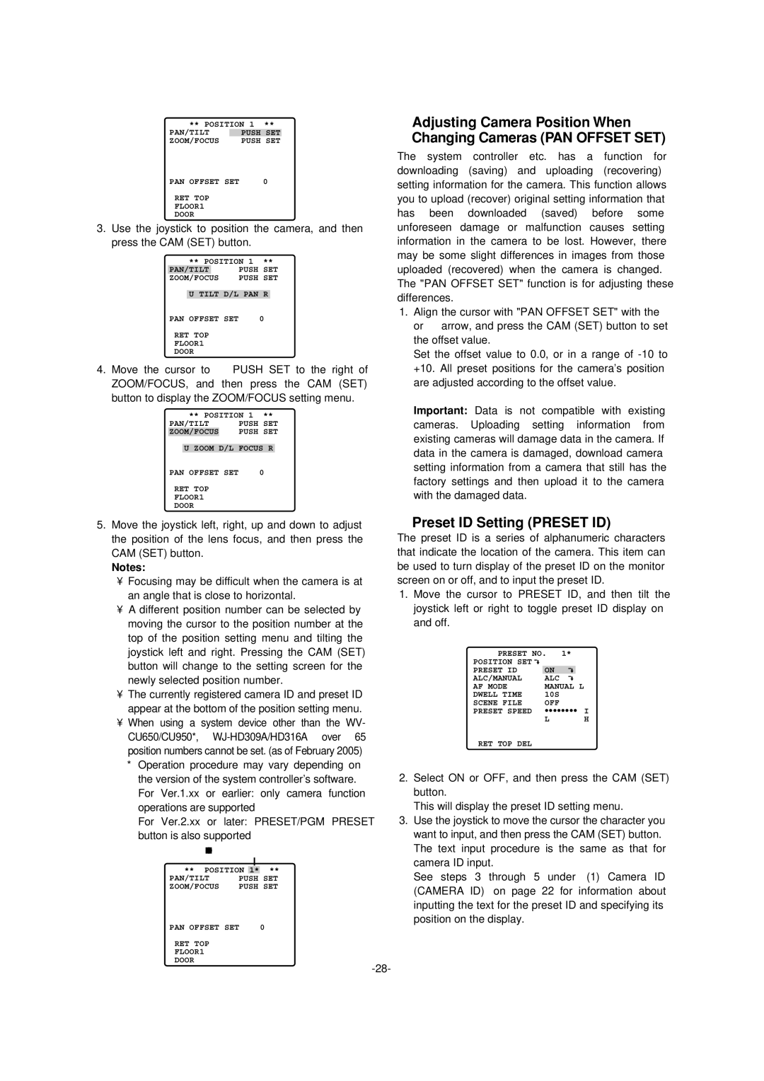 Panasonic WV-CS954 operating instructions Preset ID Setting Preset ID 