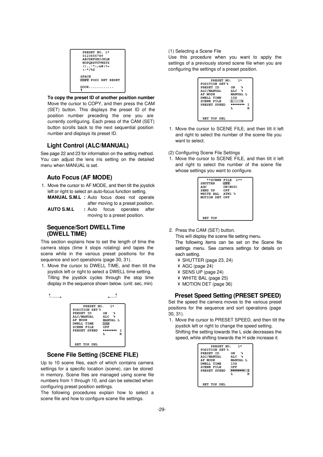 Panasonic WV-CS954 Light Control ALC/MANUAL, Auto Focus AF Mode, Sequence/Sort Dwell Time, Scene File Setting Scene File 