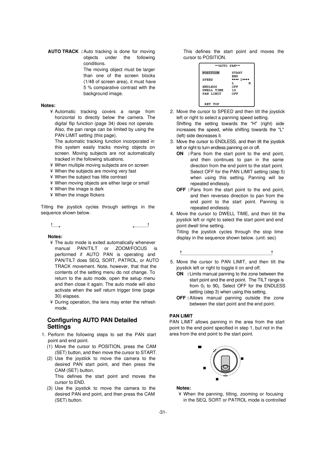 Panasonic WV-CS954 operating instructions Configuring Auto PAN Detailed Settings, PAN Limit 