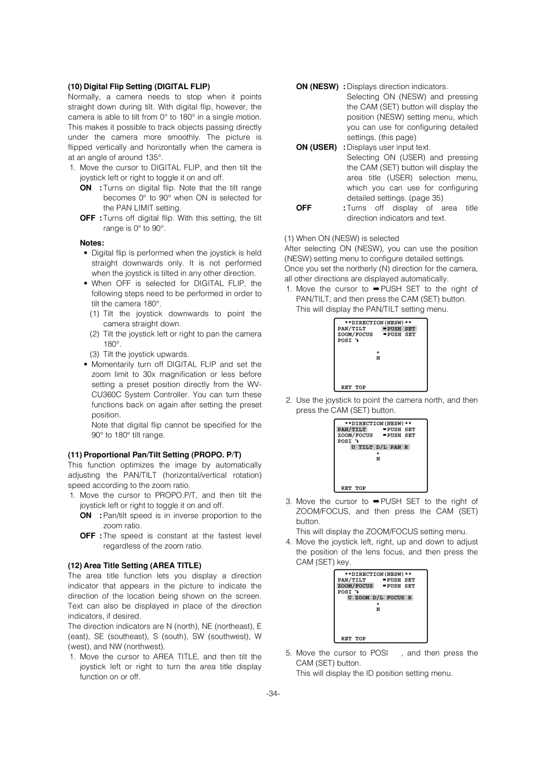 Panasonic WV-CS954 Digital Flip Setting Digital Flip, Proportional Pan/Tilt Setting PROPO. P/T, On User 