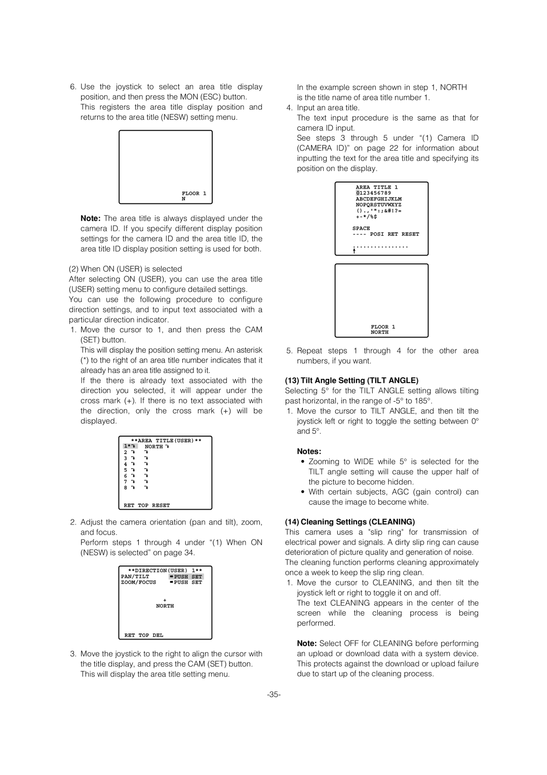 Panasonic WV-CS954 operating instructions Tilt Angle Setting Tilt Angle, Cleaning Settings Cleaning 