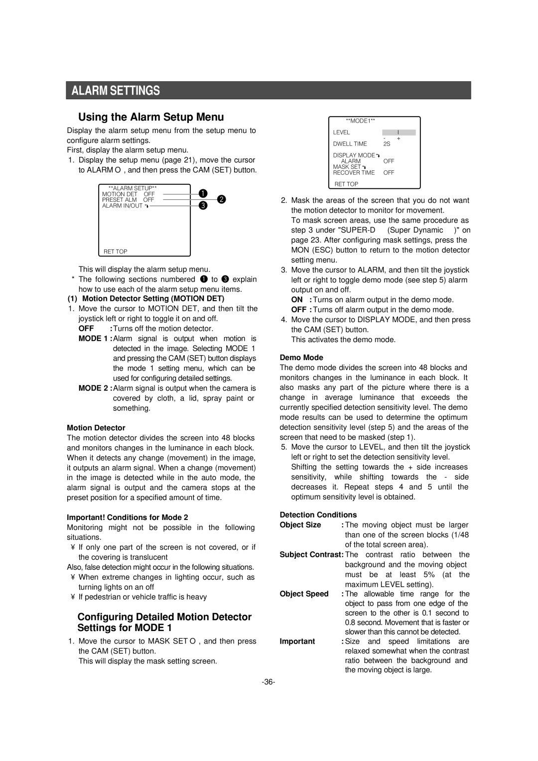 Panasonic WV-CS954 Alarm Settings, Using the Alarm Setup Menu, Configuring Detailed Motion Detector Settings for Mode 